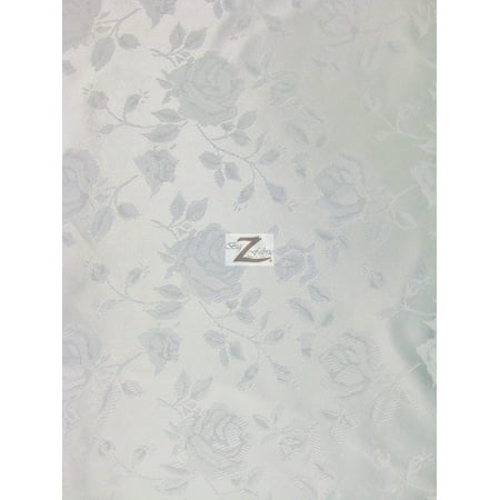 English Rope Satin - Floral Rose Jacquard Satin Fabric / White / Sold By The Yard