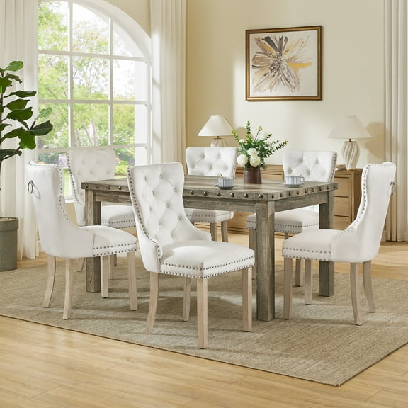 Morden Fort Velvet Dining Chair Set of 6, Upholstered Diamond Tufted Parsons Chair with Nailhead Trim, Solid Wood Frame Beige Chairs, Ergonomical Armless Chair for Dining Room, Kitchen,reakfast Nook