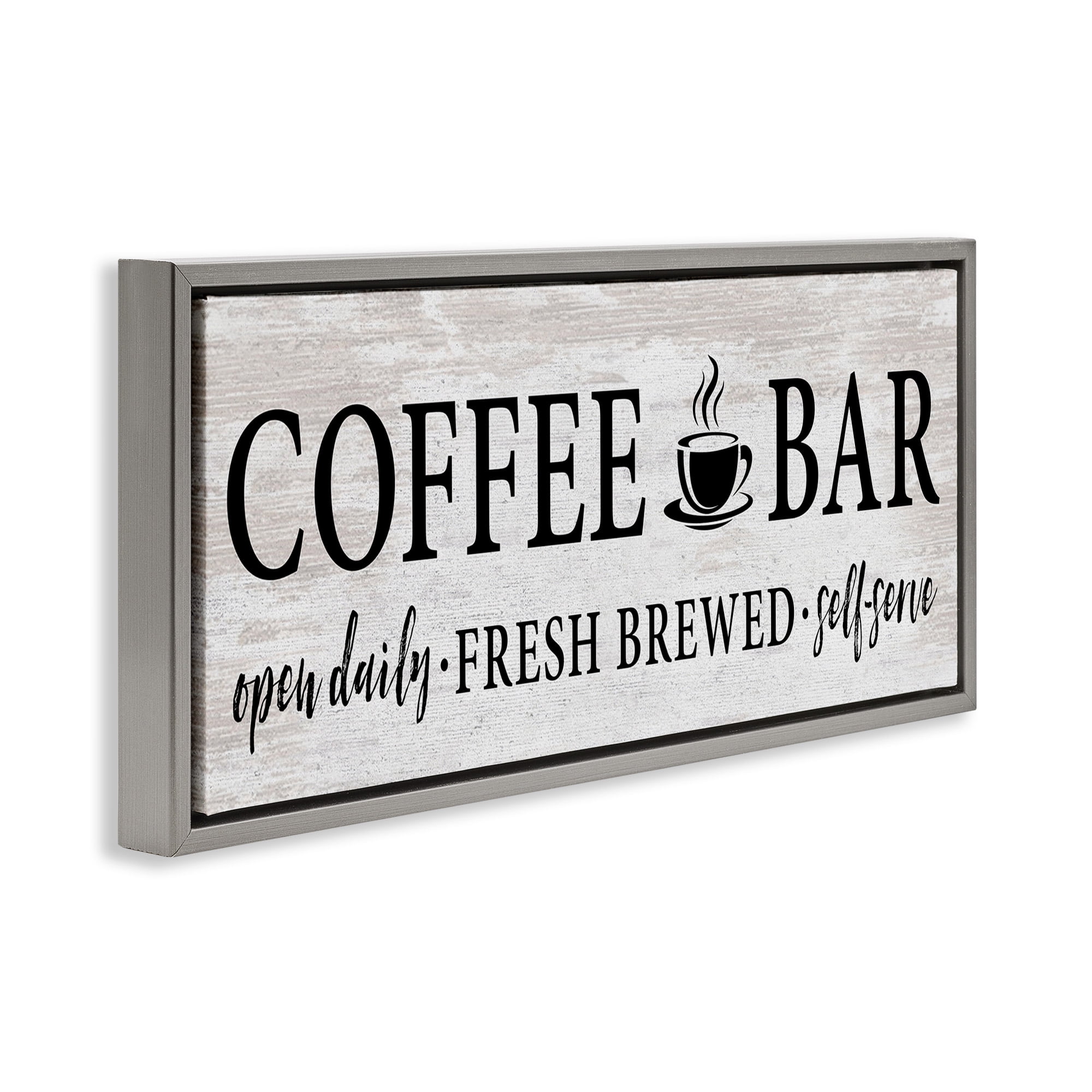 Stupell Industries Coffee Bar Cafe Rustic Sign Food & Beverage Painting Gray Floater Framed Canvas Art Print Wall Art, 31 x 14