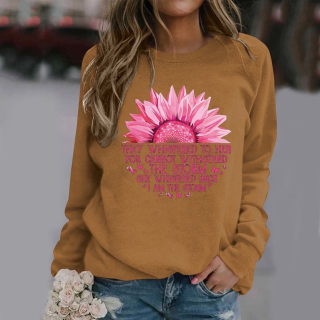 EQWLJWE Chemises Roses Cancer du Sein pour Femmes Ruban Rose Sensibilisation au Cancer du Sein Chemise Mode Blouse Graphique Chemise Décontractée Manches Longues Col Rond Chandail Tops Chandail Automne pour Femmes 2023