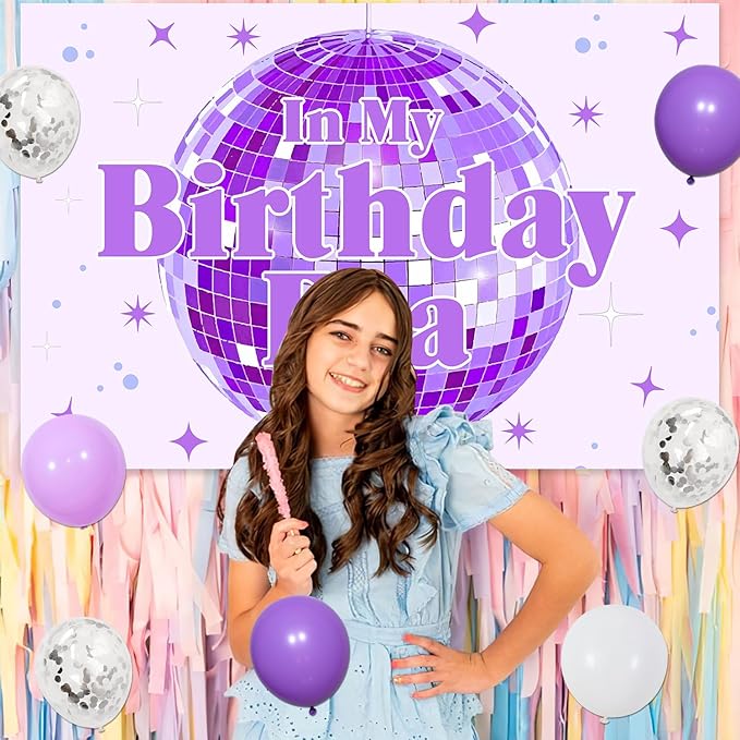 In My Birthday Era Party Decorations Purple Disco Ball Birthday Party Decor Balloon Garland Arch Kit Star Disco Ball Backdrop for Girl Women Music Themed 21st Birthday Party Decor Supplies