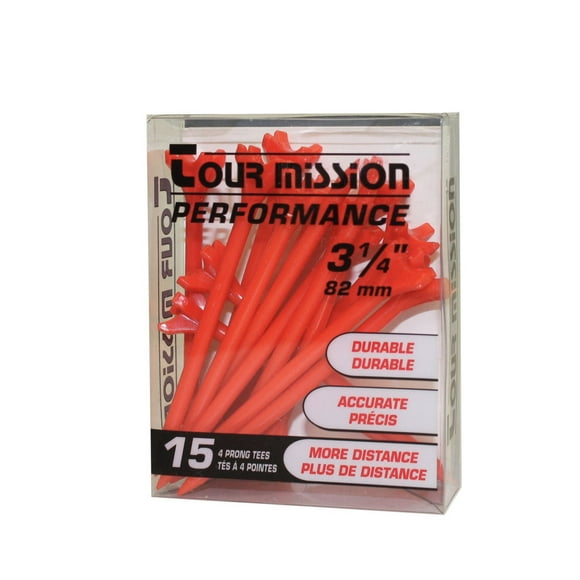 Tour Mission Performance 3 1/4'' (82 mm) Plastic 4 Prong Tees, #11135, Pack of 15 tees -Red or Yellow