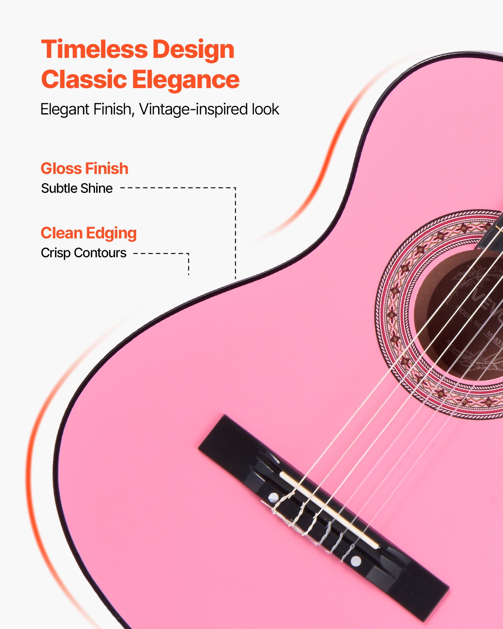 VEVOR 38in Classical Guitar, Wood Guitar Starter Kit for Beginners, with Nylon Strings, Gig Bag, Strap, Tuner, Extra Strings, Picks, Capo, Basswood, for Teenagers Adults Students, Pink
