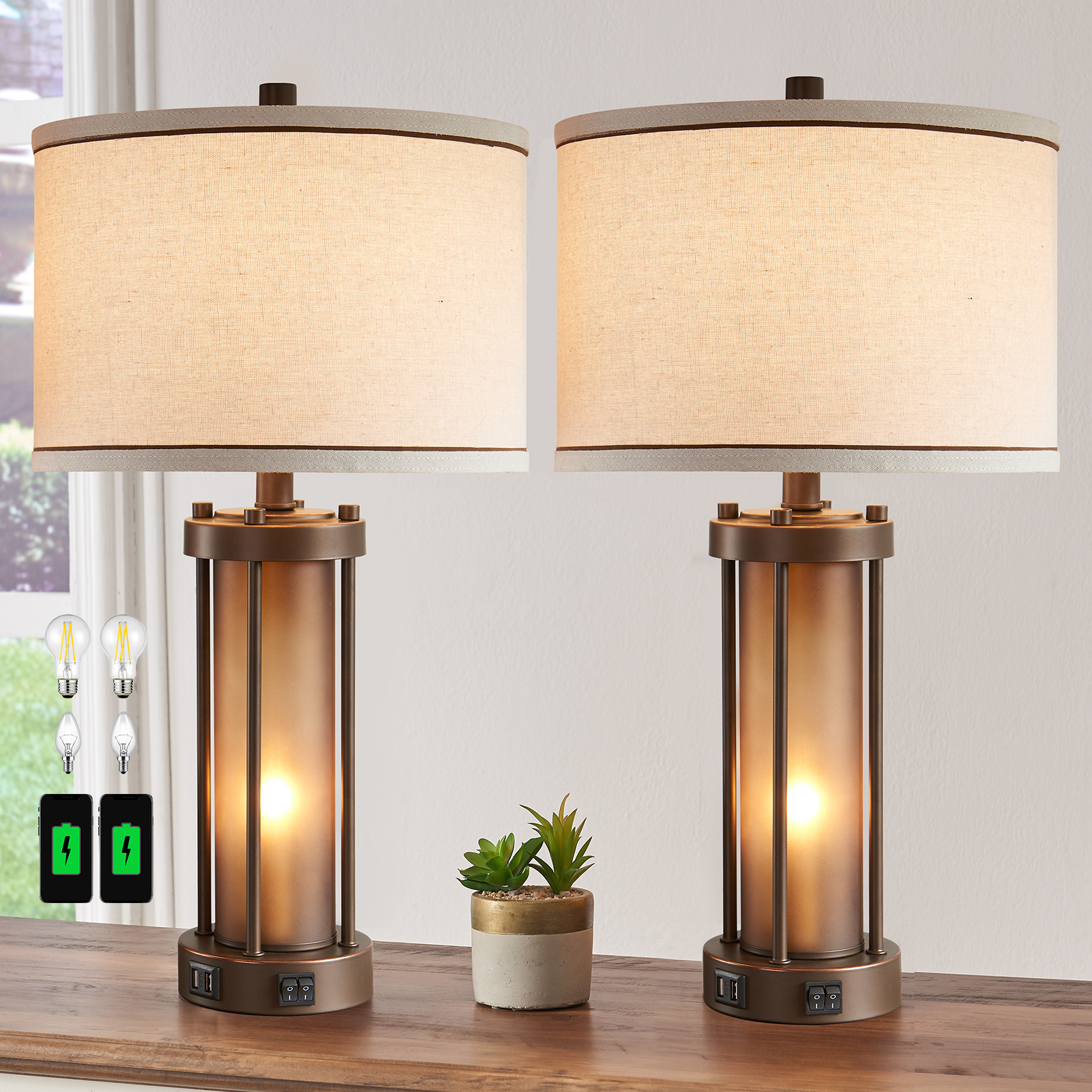 Roria 24" Farmhouse Table Lamps Set of 2 with USB Charging photo 1