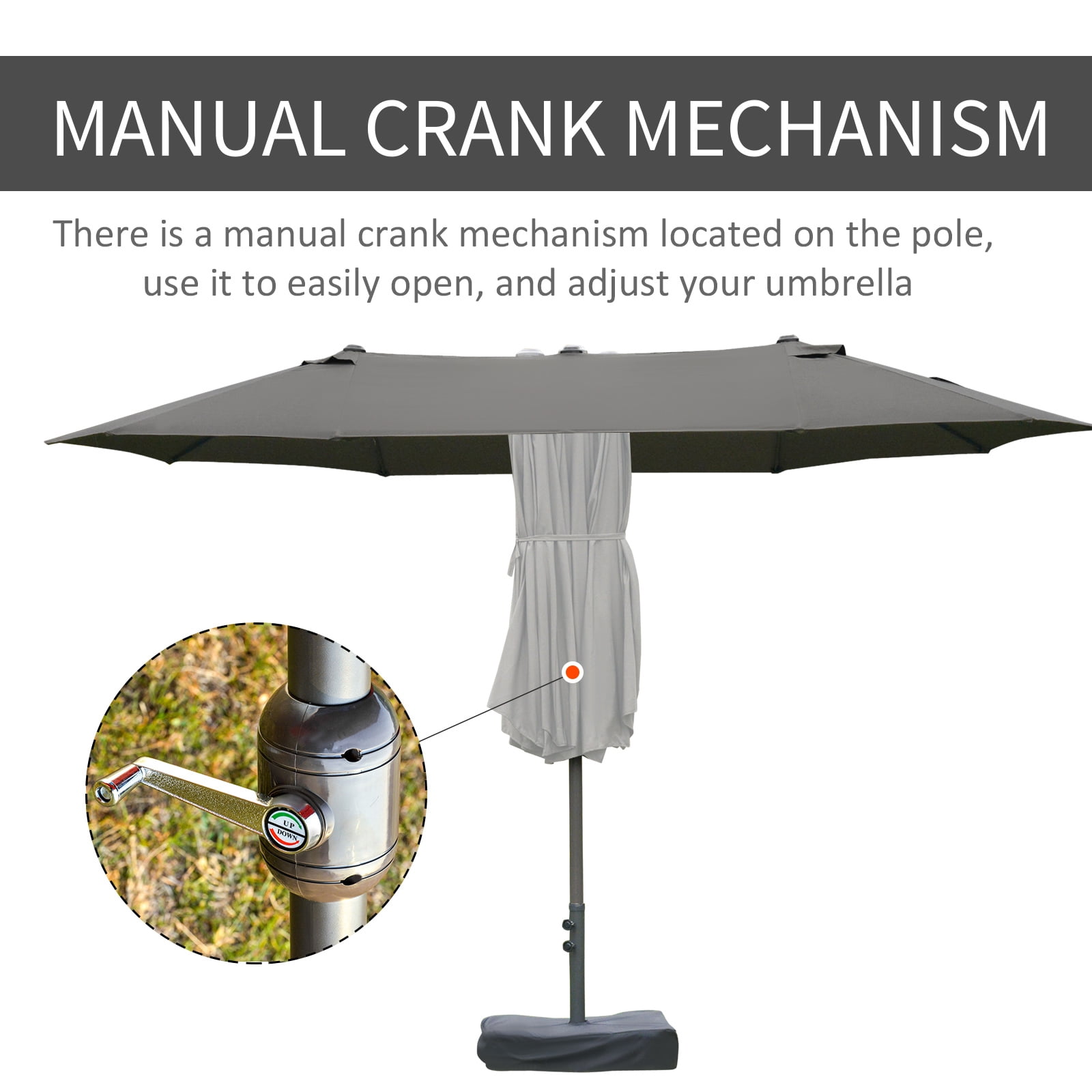 Outsunny Patio Umbrella 15' Steel Rectangular Outdoor Double Sided Market with base, Sun Protection & Easy Crank for Deck Pool Patio, Dark Gray