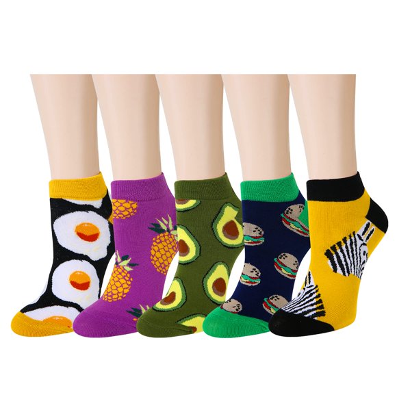 Womens Girls Funny Novelty Ankle Socks Cute Fun Crazy Colorful Avocado Food Patterned Low Cut Socks Funky Short Socks Low Socks Easter Gifts for Girls, 5 Pack-Pineapple Avocado Zebra Eggs Hamburger