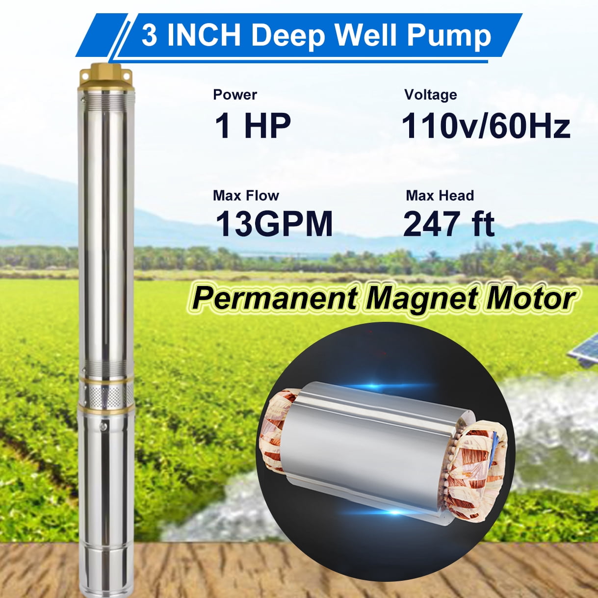 iMeshbean 3" Deep Submersible Well Pump 3/4 HP Submersible Well Pump 110V 13GPM Water Pump 247ft Head with 100ft Electric Cable Stainless Steel Water Well Pumps Submersible
