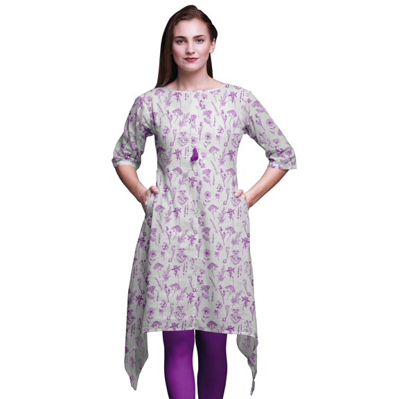 Bimba Purple Leaves & Primrose Floral Asymmetric Kurta Indian Tunic Tops For Women Printed Indian Clothing X-Large
