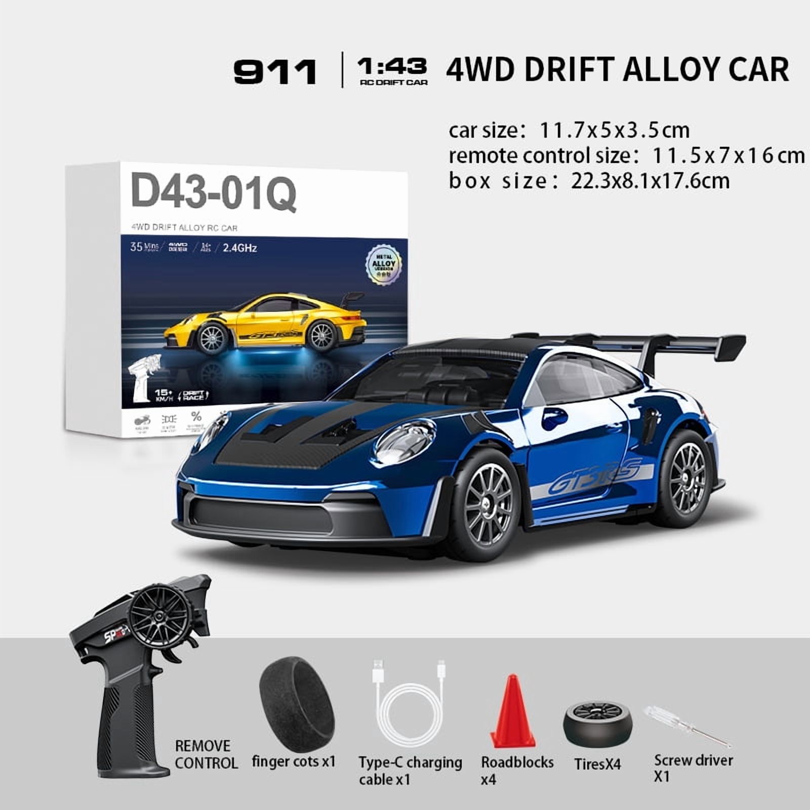 1:43 Scale RC Drift Car D43-02 2.4GHz Full Proportional 4WD Alloy Racing Car with Gyro, 20KM/H High Speed Adjustable Speed with Silent Bearings & LED Lighting