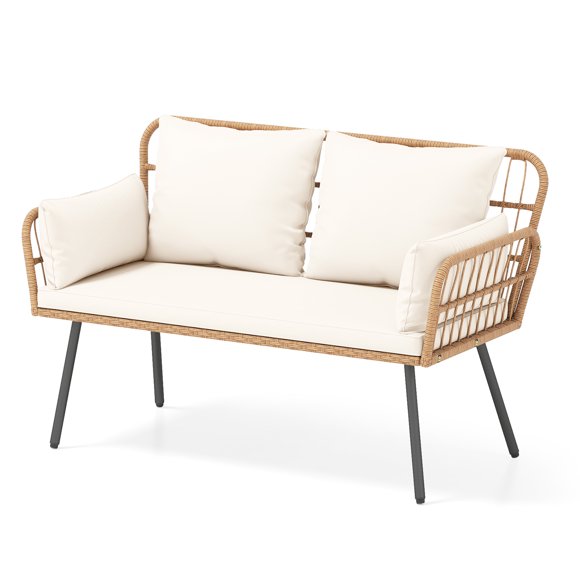 Gymax Patio Wicker Loveseat Furniture w/Seat Back Cushions Heavy-Duty Metal Legs Outdoor White