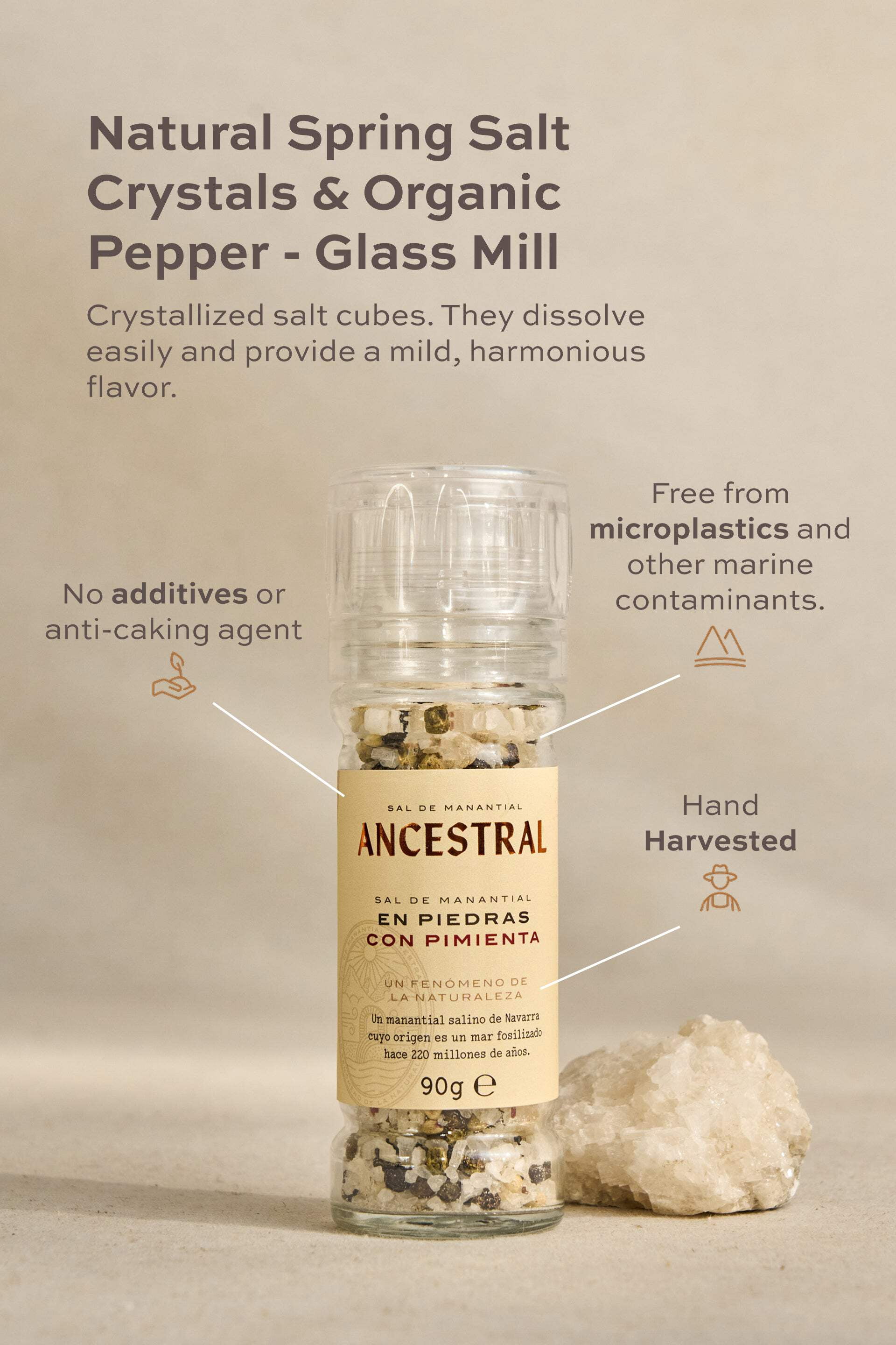 (3 pack) Natural Spring Salt Crystals & Organic Pepper - Glass Mill