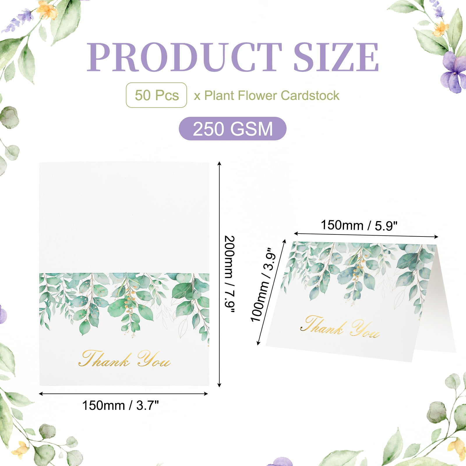 Uxcell 50Pcs Thank You Cards, 5.9"x7.9" Floral Folded Blank Cardstock, Thank You Notes for Greeting Cards Wedding Graduation Birthday DIY Craft Invitations, Flower Leaf Style