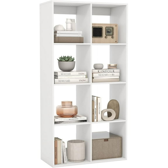 YYEAN 8-Cube Bookcase, White Cubby Bookshelf w/Back Guardrail & Anti-Tipping Kits, 8-Tier Freestanding Storage Organizer with Shelves, Open Back Display Rack for Living Room, Bedroom, Study