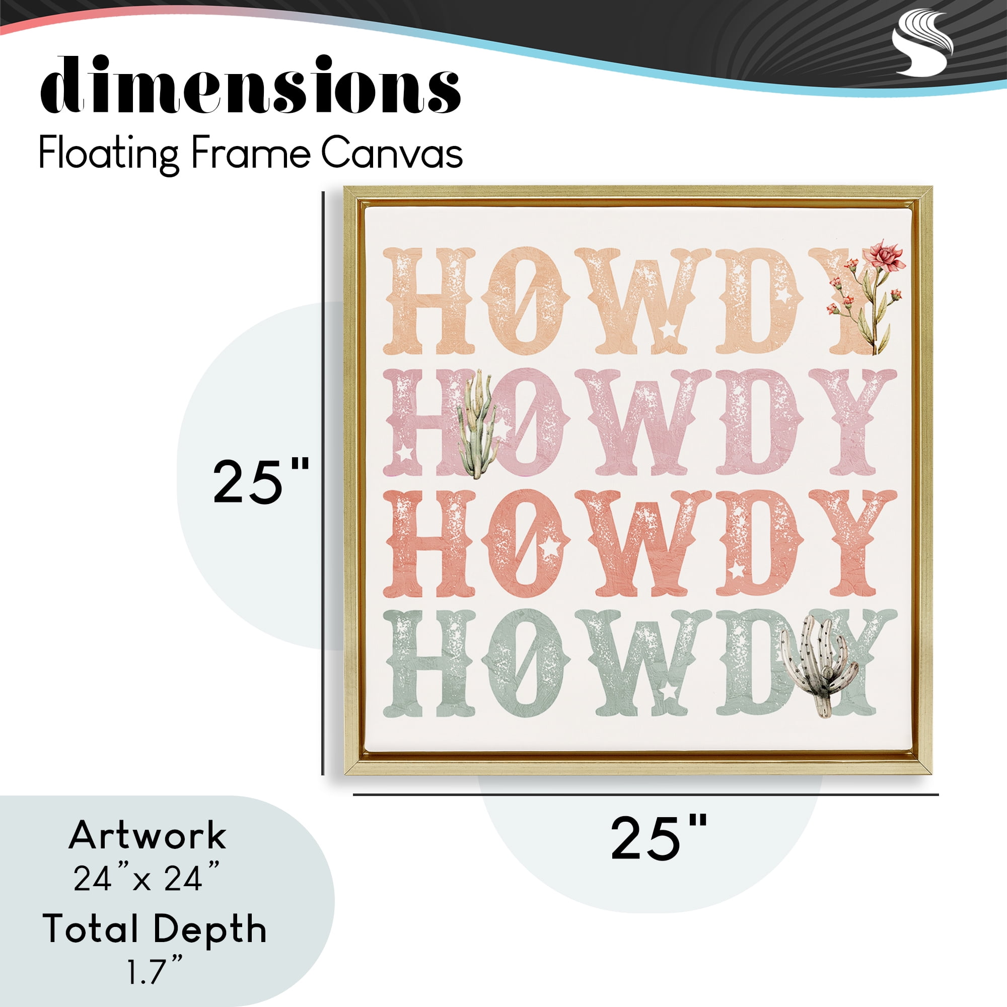 Vintage Howdy Rainbow Text Gold Framed Floater Canvas Wall Art, design by Kim Allen