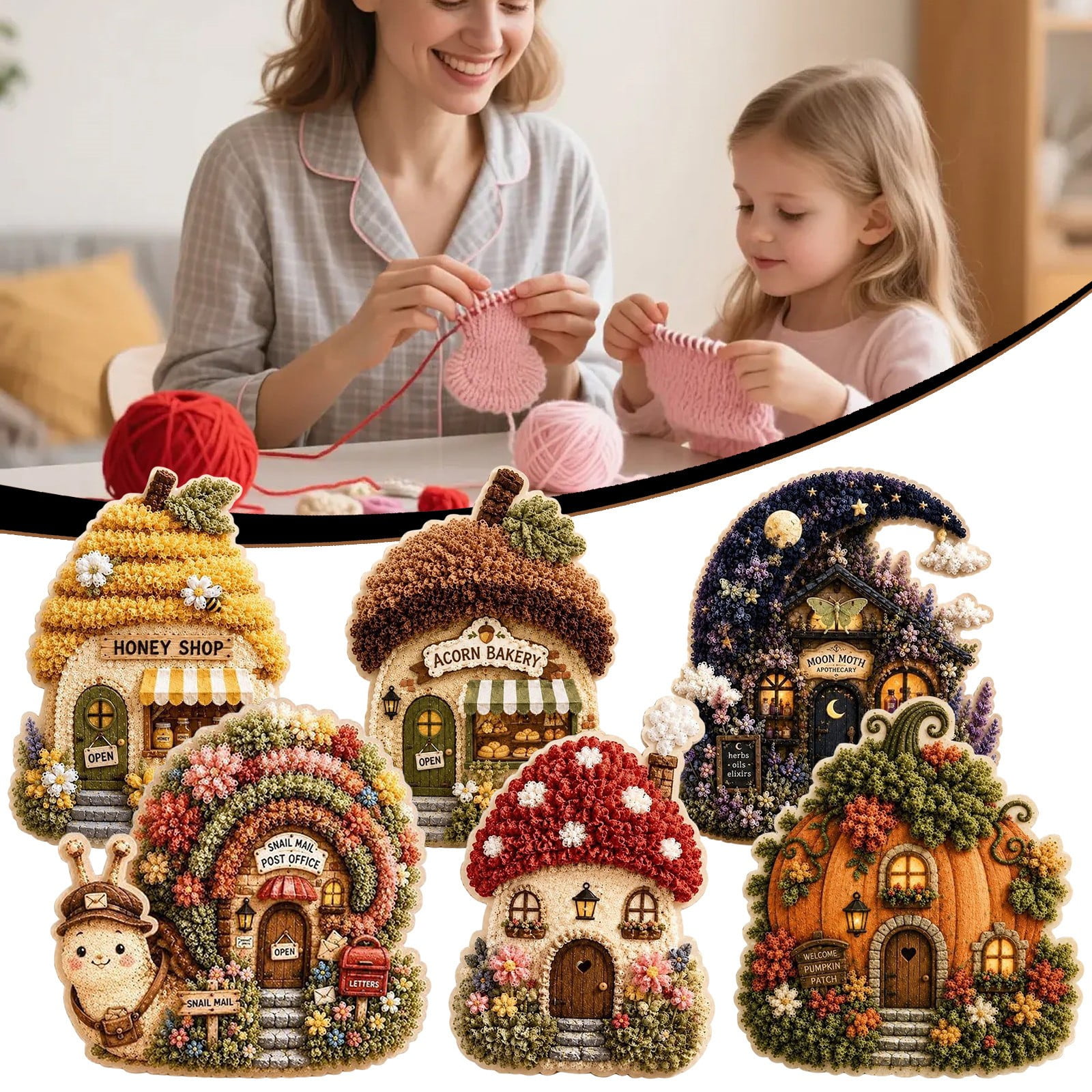 HomelyJoy Whimsical Village 3D Fabric Poke Art Kit No Sew Cottage Craft Set DIY Storybook House Craft Kits for Adult Beginner Home Decor Handmade Hobby 1 pc