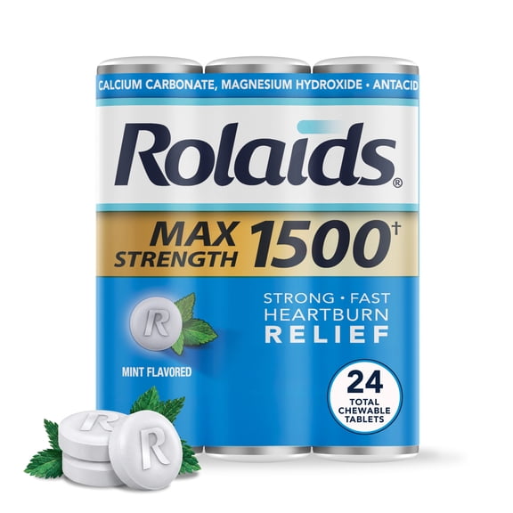 Rolaids Max Strength 1500† Chewable Antacid, Heartburn Medicine, Mint Flavor, 3x8 Count Rolls