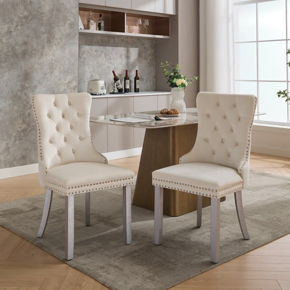 ,  Modern, High-end Tufted Solid Wood Contemporary Velvet Upholstered Dining Chair with Wood Legs Nailhead Trim 2-Pcs Set, Milky White,SW1301MW