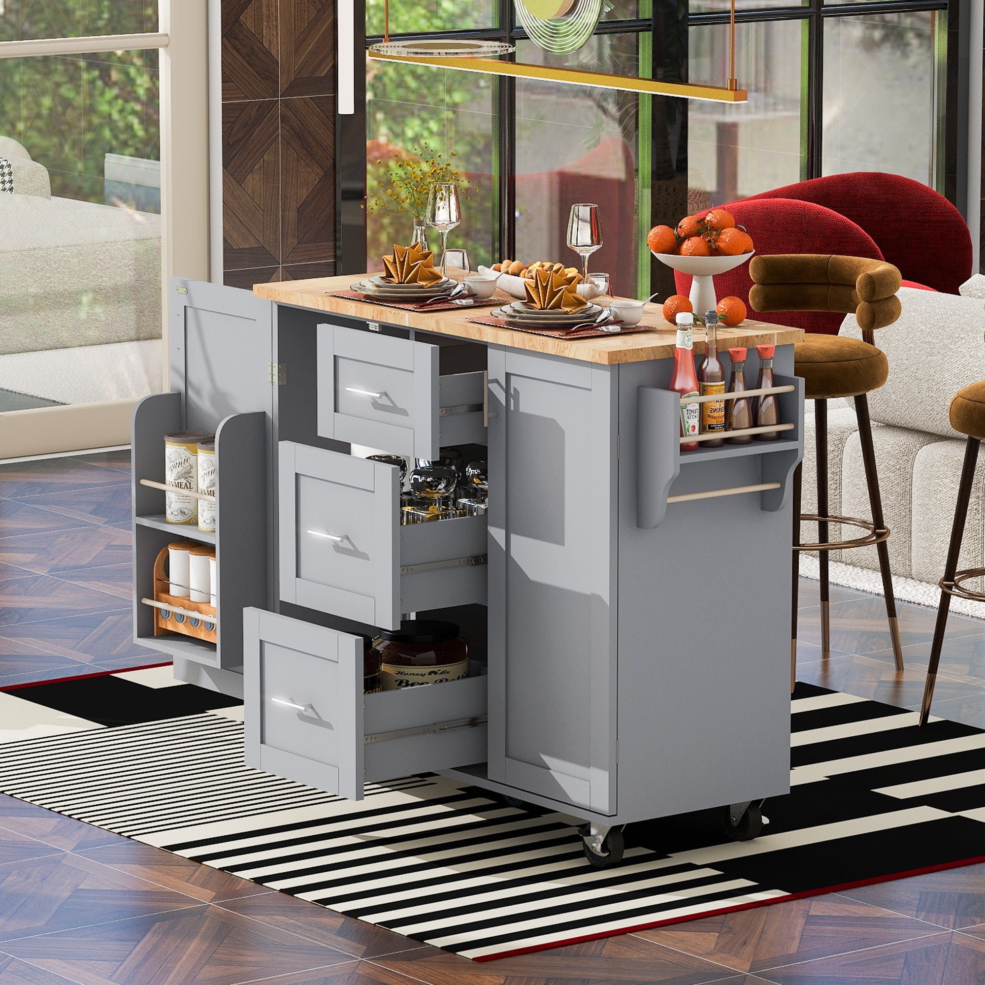 Yoneston Kitchen Island with 3 Drawers & 2 Slide-Out Shelves, Rolling Kitchen Storage Cart with Spice Rack and Towel Rack for Home, Kitchen, Dining Room, Gray