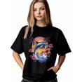 thumbnail image 1 of Camisetas para mujer, playeras con delfines al atardecer, cuello redondo, manga corta, camisetas casuales holgadas de verano, con flores de cocoteros., 1 of 8