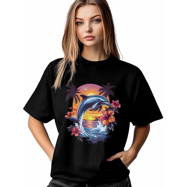 Womens T-Shirts Sunset Sea Dolphins T-Shirt Crewneck Short Sleeve Summer Tops Casual Loose Tees Coconut Trees Flower