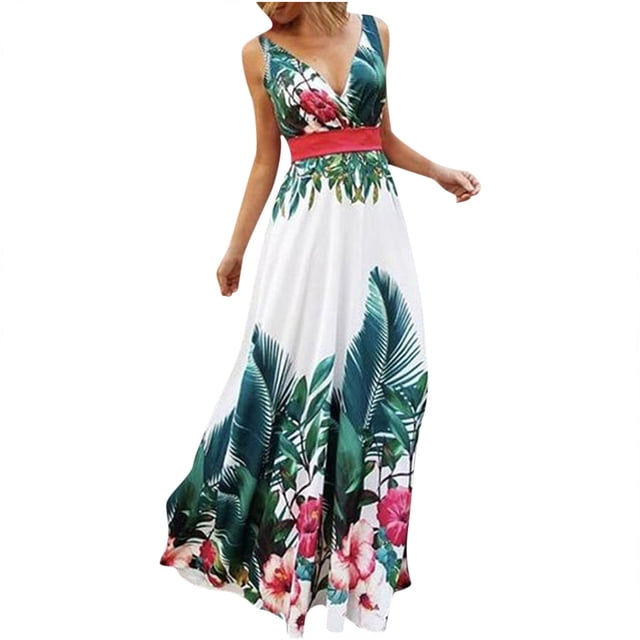 Robe Maxi pour Femmes Été Mode Femmes Été Col en V Sans Manches Taille Imprimé Bohème Robe Maxi