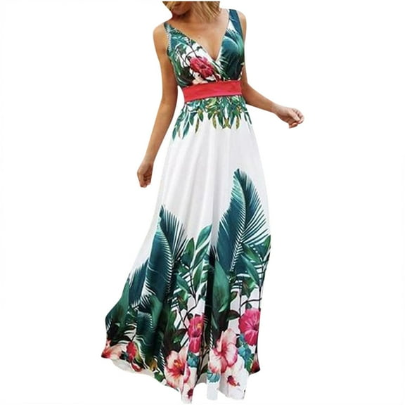 IROINNID A-Line Dress For Women Fashion Summer Sleeveless Waist Bohemian Print Maxi Dress V-Neck Full-Length Dress