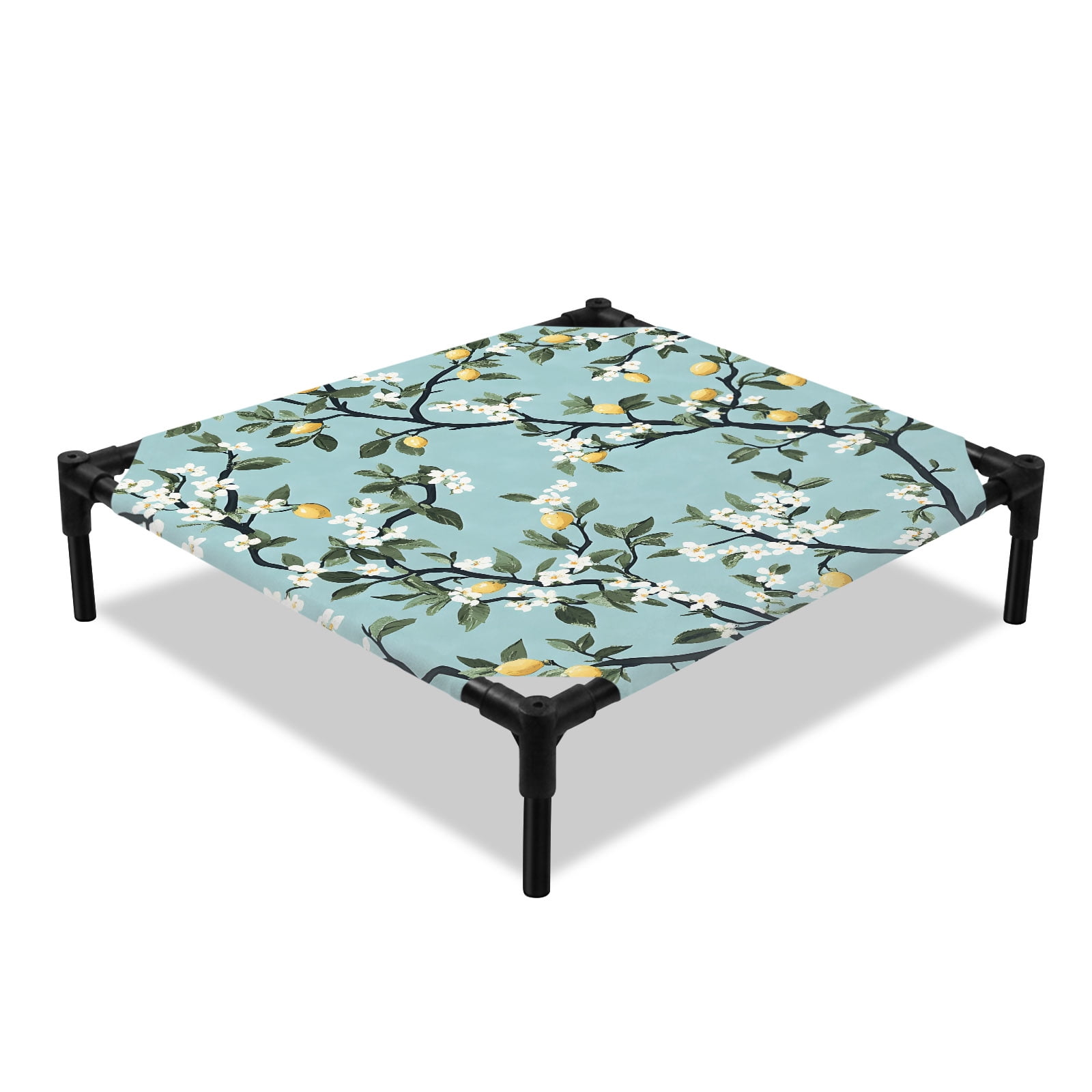 Summer Lemon Elevated Dog Bed Vintage Flowers Branch Teal Texture Cooling Breathable Outdoor Raised Dog Cot Bed with Metal Frame Non-Slip Feet for Small Dog 20x20in