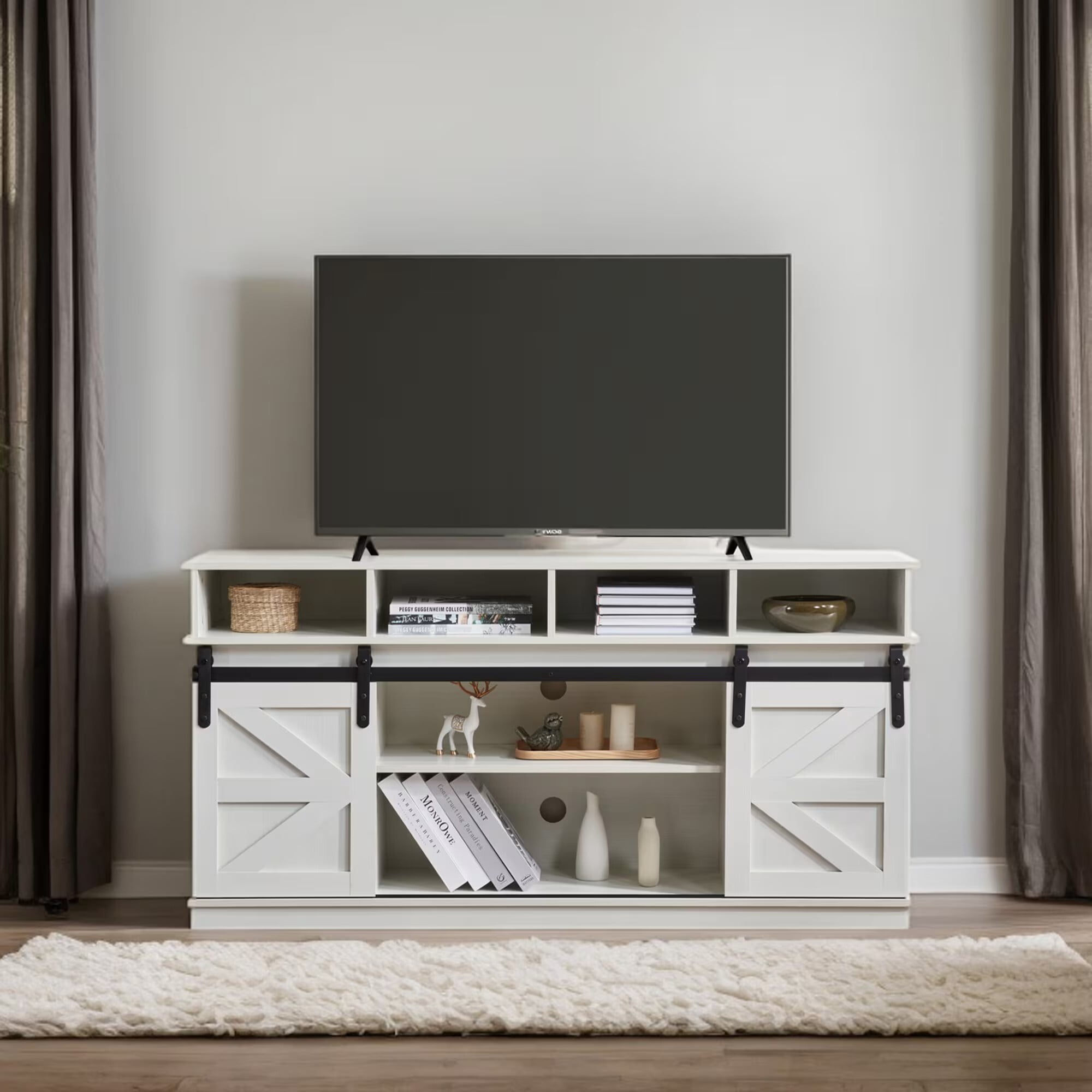 AENKYO 58" Farmhouse TV Stand with Sliding Barn Doors, Adjustable Shelves for TVs up to 65", White