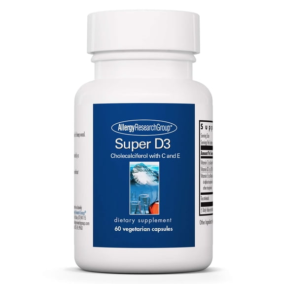 Allergy Research Group Super D3 Dietary Supplement - Bone & Immune support, Cholecalciferol with C & E, Vegetarian Capsules, Gluten Free - 60 Count