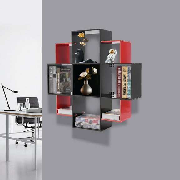 Book Shelf, Bookcase With Three Sizes 9 Compartments For Study, Office, Kitchen, Bedroom Black, Red Wall-mounted  Bookcase