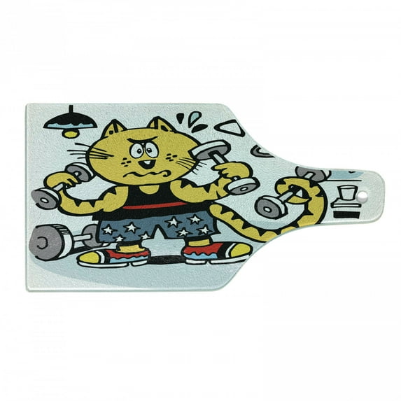 Fitness Cutting Board, Cartoon Style Cat Using Weights in Gym Effort Perspiring Humorous Funny Caricature, Tempered Glass Cutting and Serving Board, Wine Bottle Shape, Multicolor, by Ambesonne