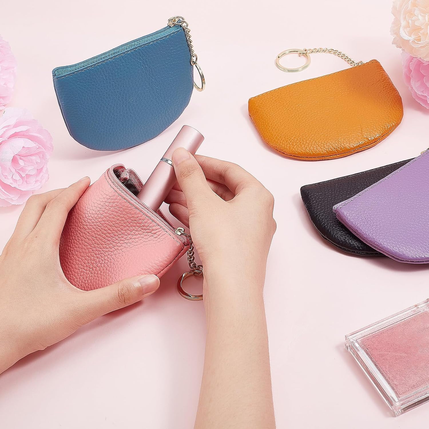 5Pcs 5 Colors Imitation Leather Coin Purse for Women Keychain Wallet with Alloy Split Key Ring Mixed Color 17.5cm 1pc/color