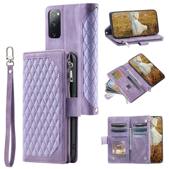 for Samsung Galaxy S20 FE Wallet Case, PU Leather Magnetic Flip Phone Case with Kickstand Card Slots Wrist Strap Cover for Samsung Galaxy S20 FE (6.5 Inch),Purple