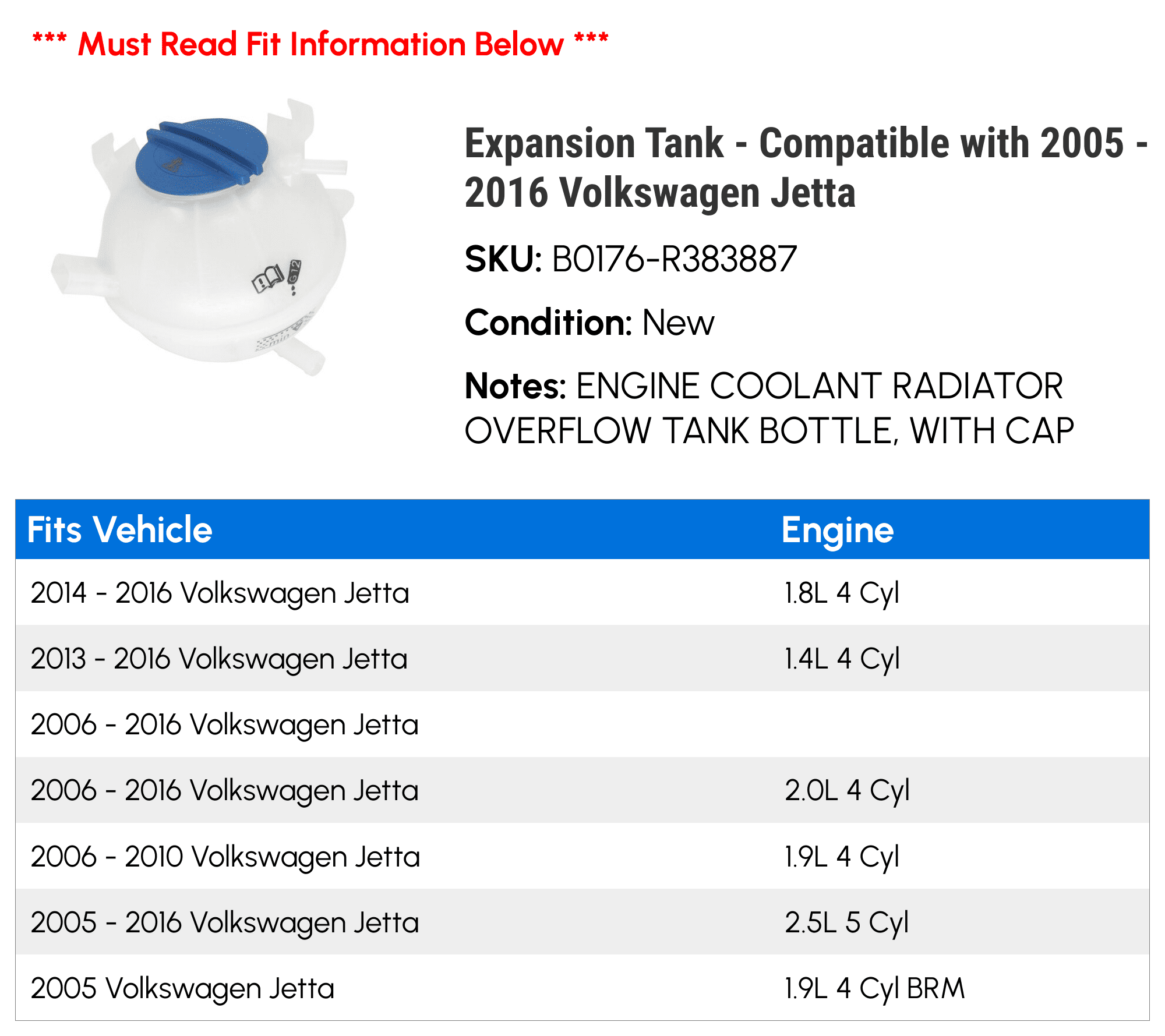 Expansion Tank - Compatible with 2005 - 2016 Volkswagen Jetta 2006 2007 2008 2009 2010 2011 2012 2013 2014 2015