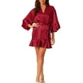 thumbnail image 2 of INSPIRE CHIC Women's Satin Pajama Silky 3/4 Sleeves Tie Waist Loungewear Robes M Red, 2 of 6
