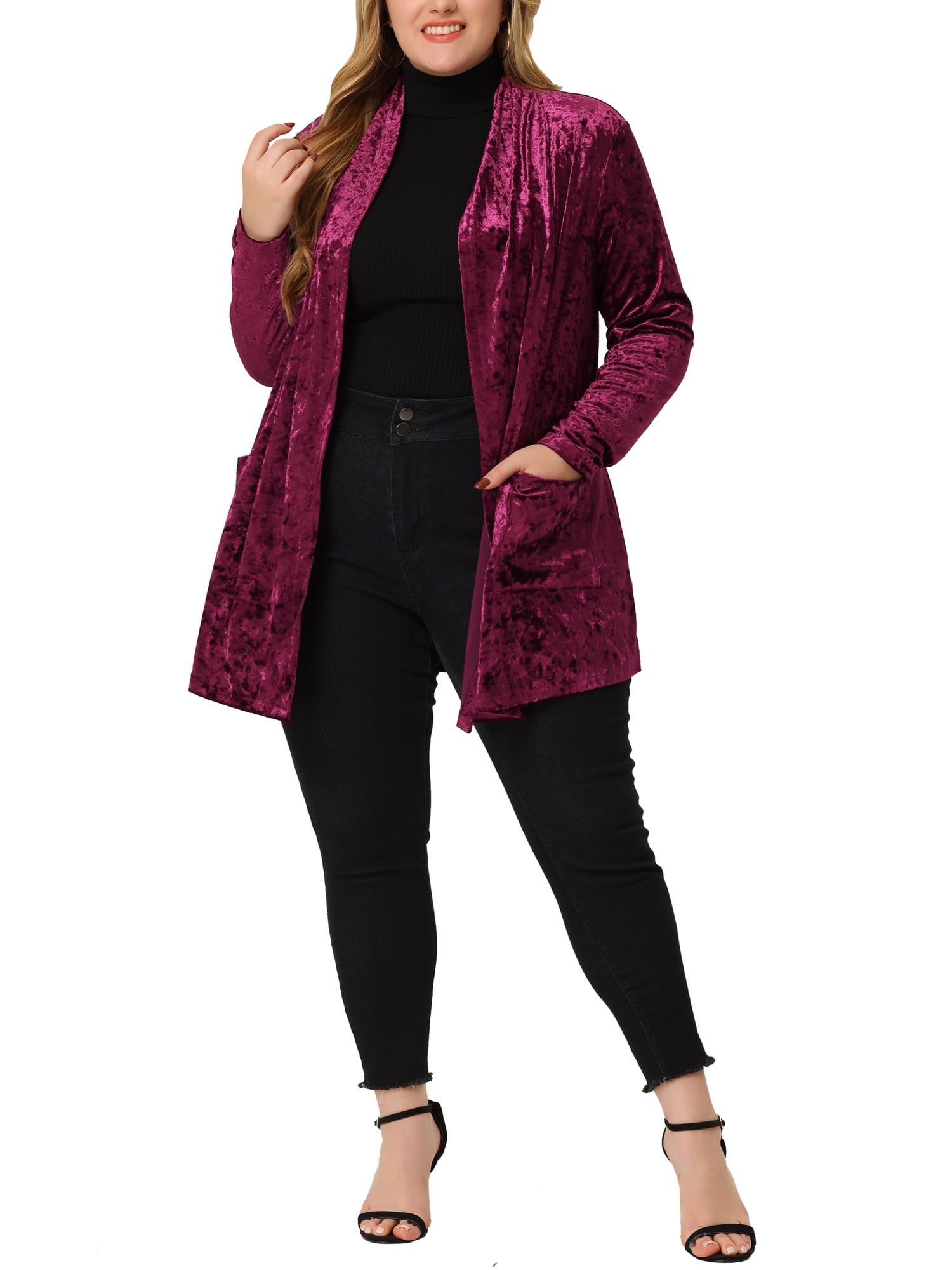 Unique Bargains Women's Plus Shawl Collar Pocket Open Front Velvet Cardigans Sweaters 1X Wine