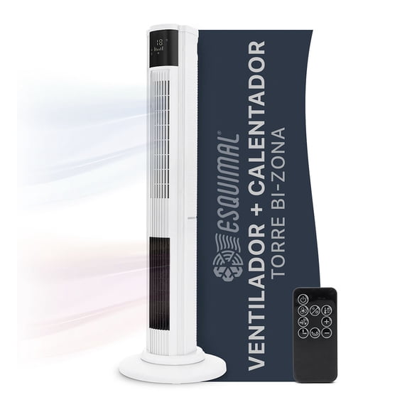 Ventilador Calentador de Torre, 2 en 1, con Temporizador y Control remoto Esquimal (Blanco, 111 cm)