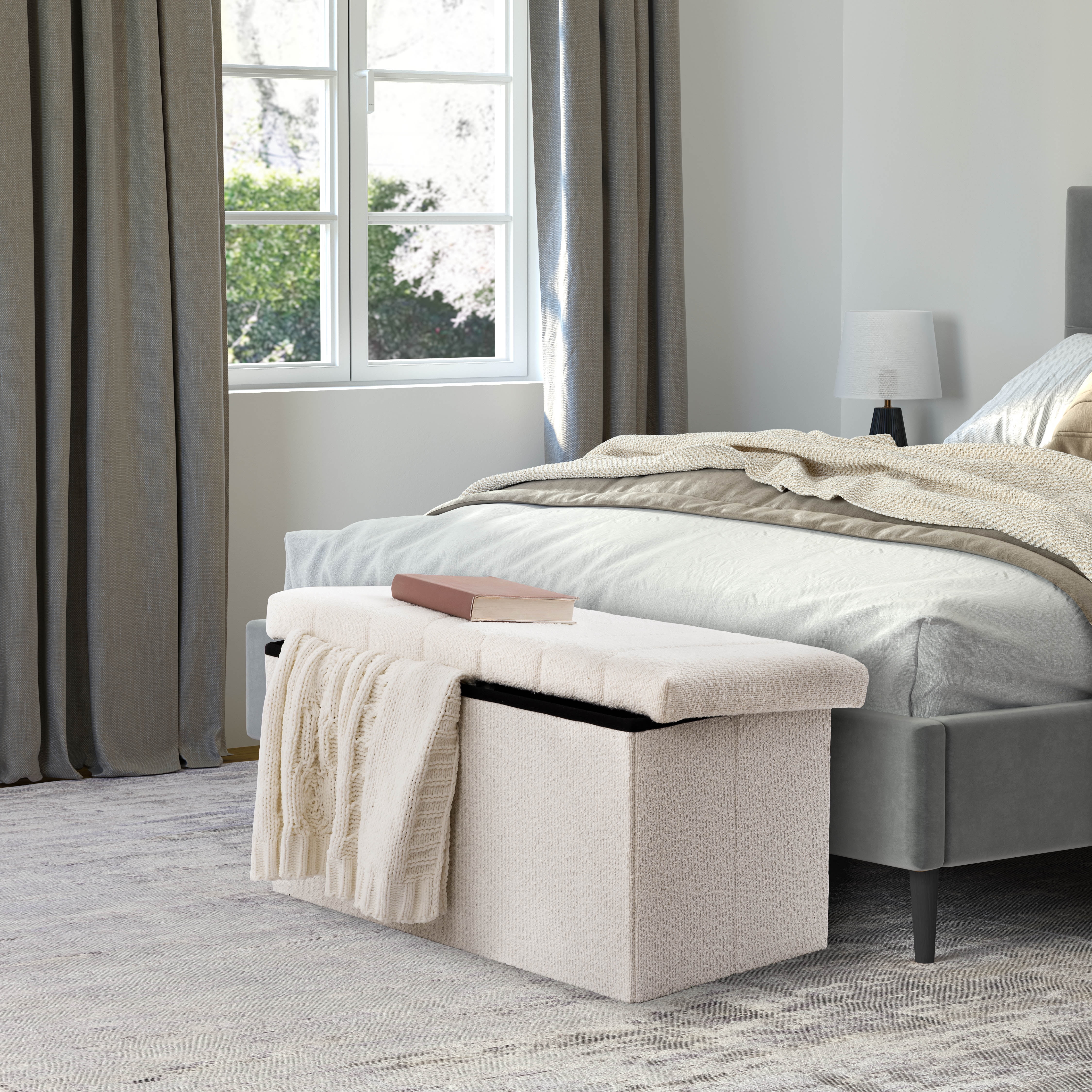 Seville Classics Cushioned Fabric Ottoman Hidden Storage Chest Footrest Chair, Padded Seat for Bedroom, Dorm, Loft, Living Room, Entryway, Hallway, White Boucle, 30" Bench