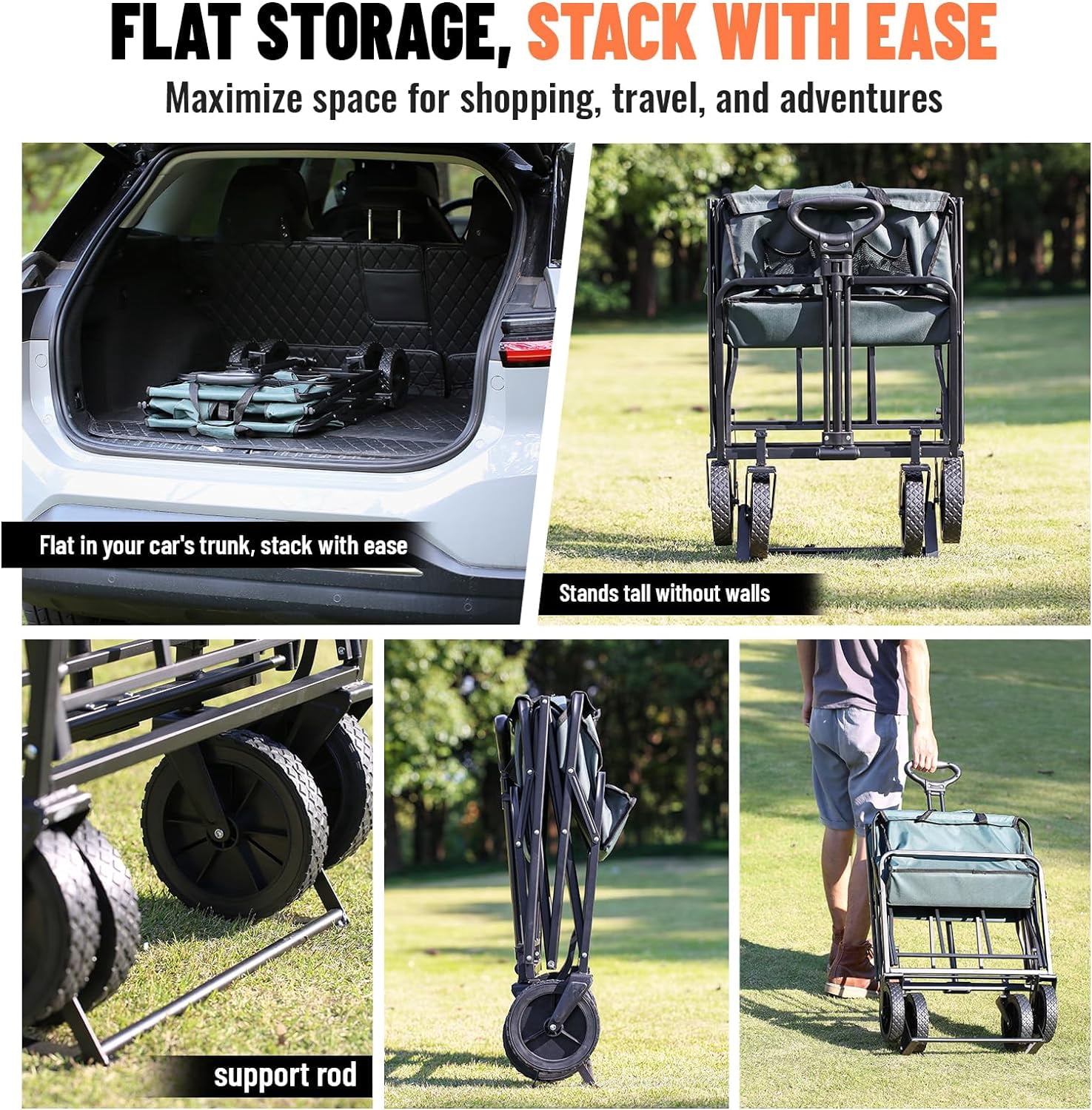 Collapsible Folding Wagon, Foldable Utility Cart for Outdoor Camping, Grocery, Sports, Beach - All Terrain Heavy Duty 220Lbs Capacity