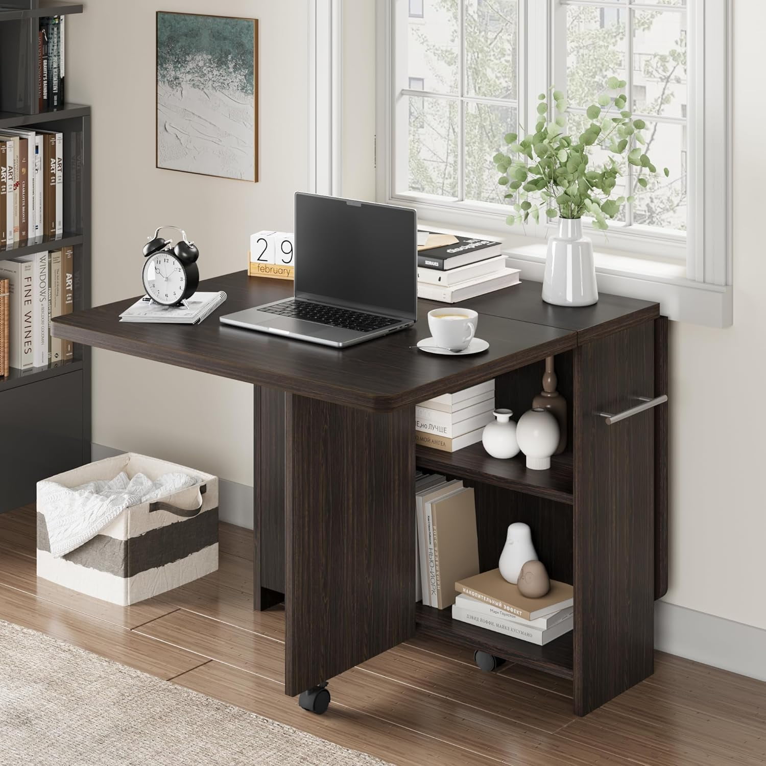 GAOMON Space-Saving Folding Dining Table with Drop Leaf & 2-Tier Storage, Expandable Farmhouse Table for Kitchen, Dining Room, or Small Spaces, Dark Walnut