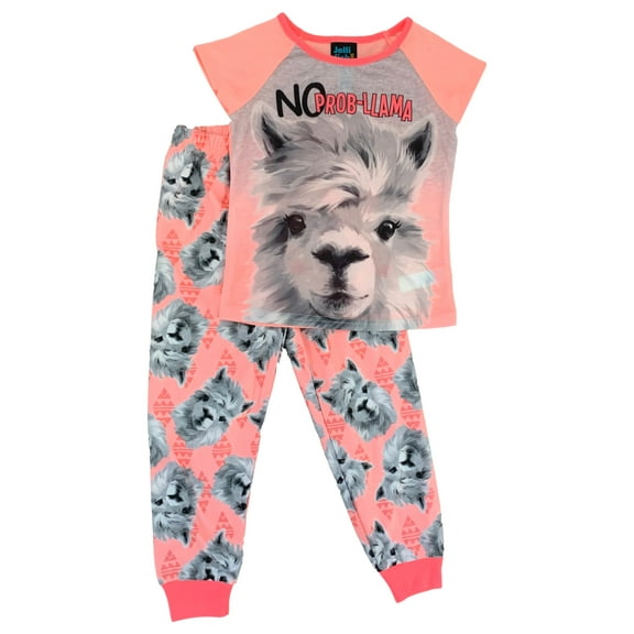 Girls Coral & Grey No Prob Llama Print 2 Piece Pajama PJ Set XS (4/5)