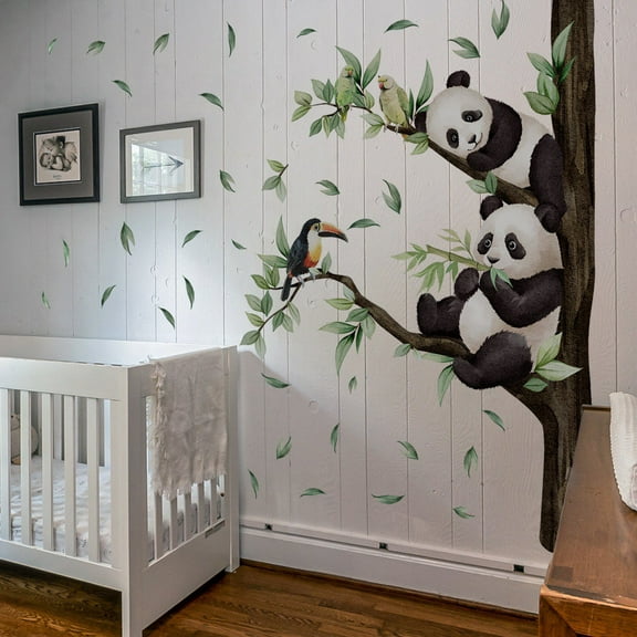 Forest animal decals Panda Wall Stickers Bamboo Green Plants DIY Removable Peel and Stick Wall Art Decals for Baby Nursery Kids Bedroom