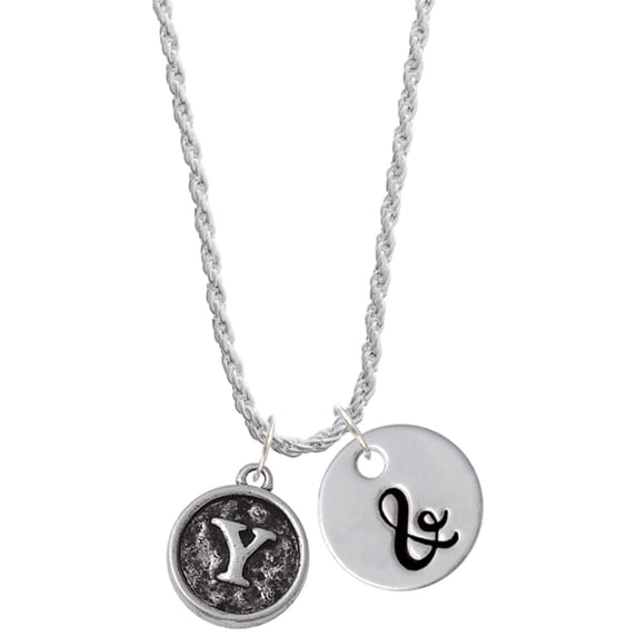Delight Jewelry Silvertone Antiqued Round Seal - Initial - Y - Silvertone Script Initial Disc - & - Charm Necklace, 20"+3"