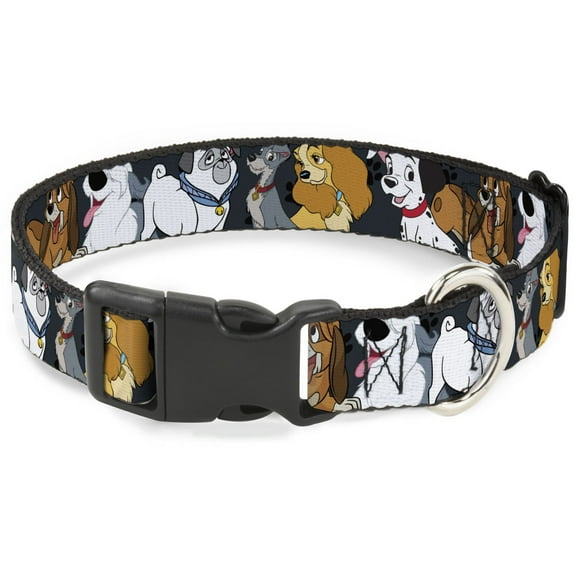 Disney Pet Collar, Dog Collar Plastic Buckle, Disney Dogs Group Collage Paws Gray Black, 7 to 8.5 Inches 0.5 Inch Wide
