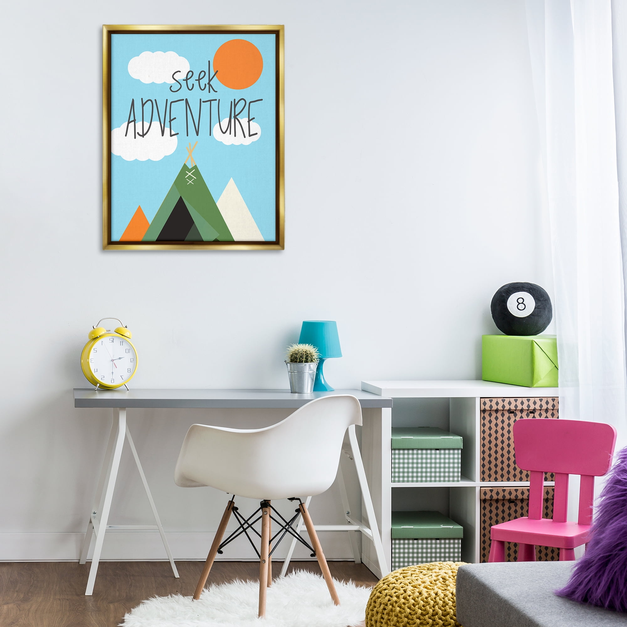 Stupell Industries Seek Adventure with Tent Text & Numbers Painting Gold Floater Framed Canvas Art Print Wall Art, 25 x 31
