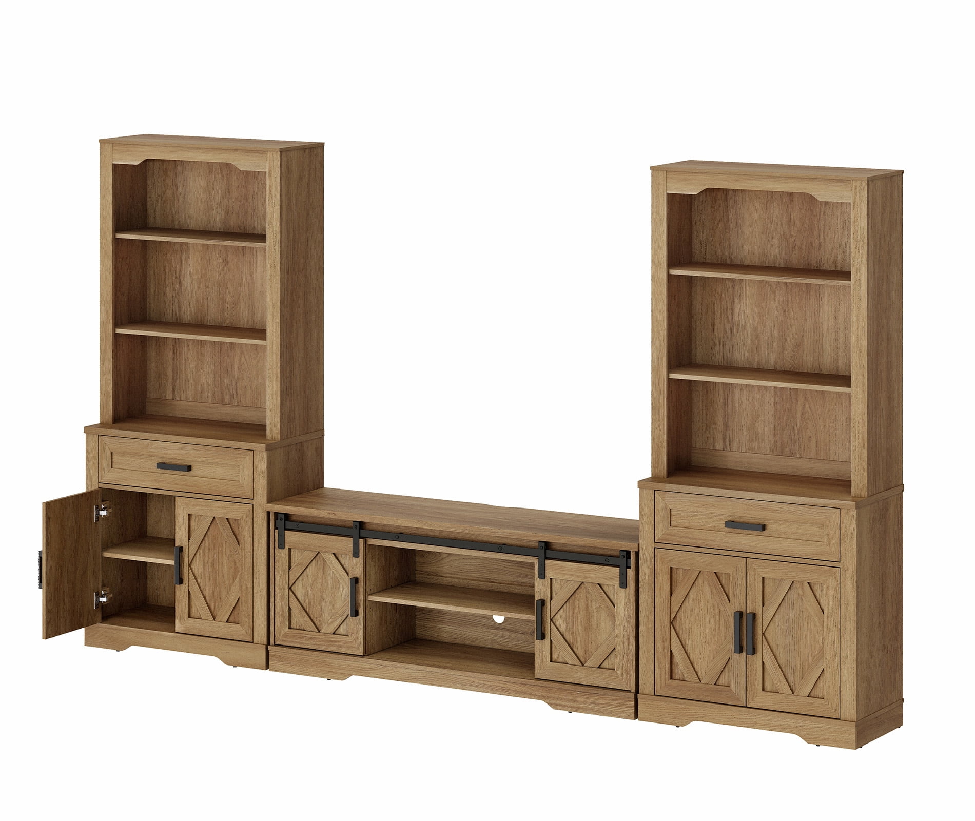WAMPAT Farmhouse Entertainment Center with Bookshelf for TVs up to 65",Mid Century Modern TV Stand with 73"H Tall 5-Tier Bookcase with Open Storage and Barn Doors for Living Room,Vintage Oak