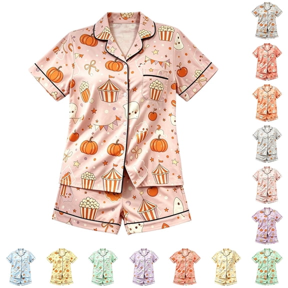 Halloween Pjs Tween 2 Piece Soft Breathable Satin Pajamas Set Short Sleeve Button-Down Top with Shorts