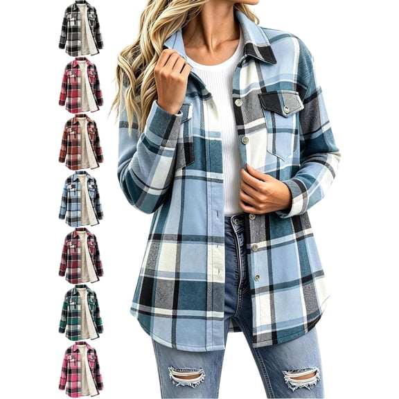 Women's Checkered Collared Shacket Casual Long Sleeve Button Front Oversized Loose Fit Outerwear