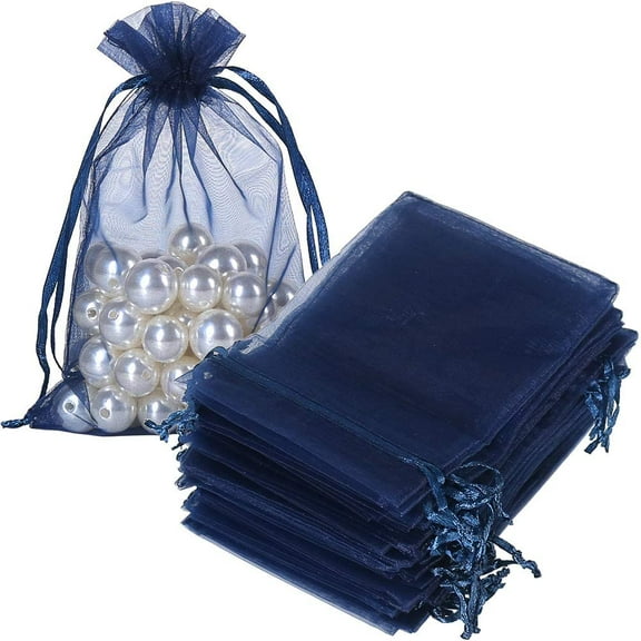 100pcs Organza Gift Bags Navy Blue, 4 x 6 inch Mesh Jewelry Pouches Drawstring Party Favor Bags for Small Sample Christmas Candy