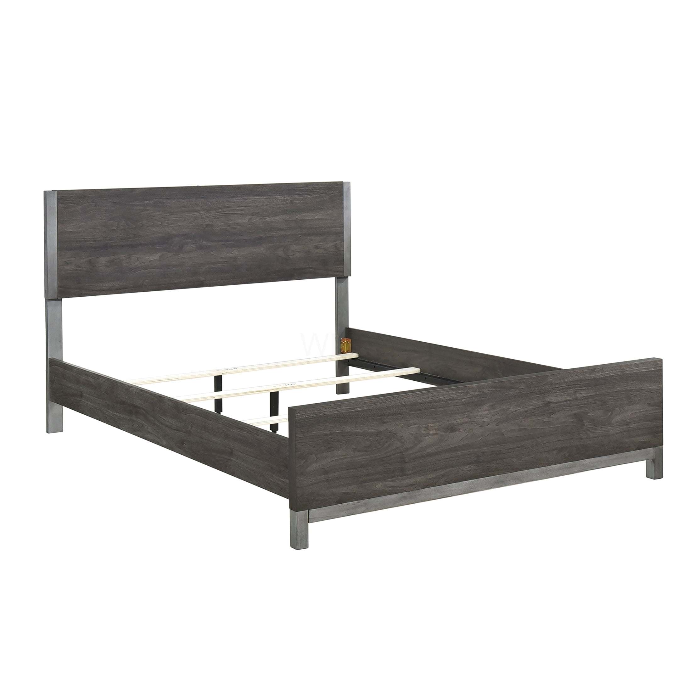 Modern Low Profile Queen Platform Bed Frame with Upholstered Headboard, Silver Metal Accents, Scratch Resistant Surface, No Box Spring Needed